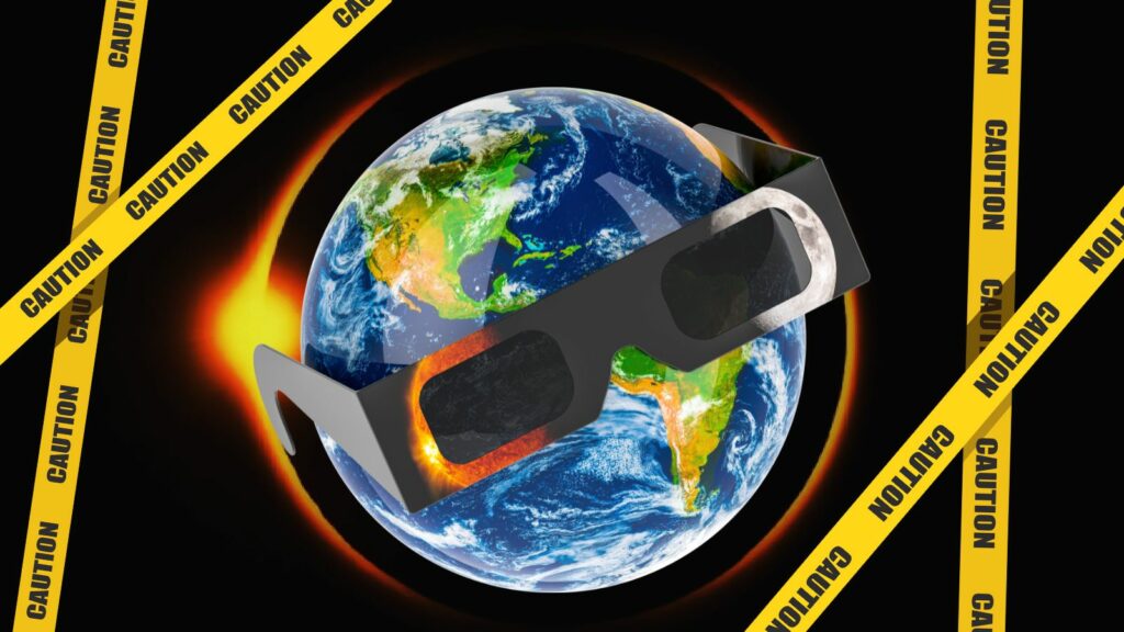 Earth wearing eclipse glasses surrounded by caution tape.